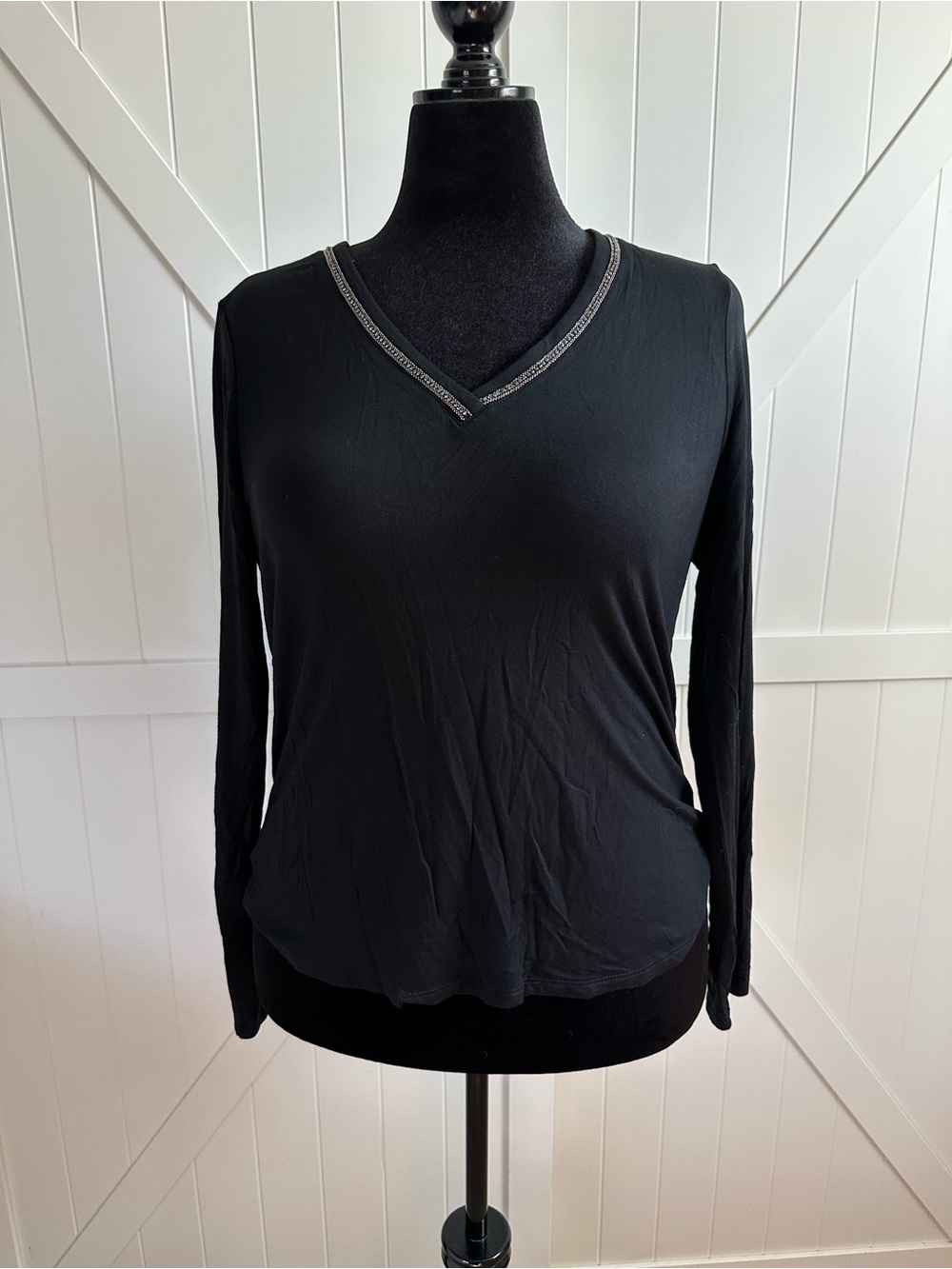 WHBM Women’s Large Black V-Neck Rhinestone Trim Long Sleeve Top NWT